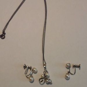 OLD Necklace and Screw On Earrings Silver and Pearls